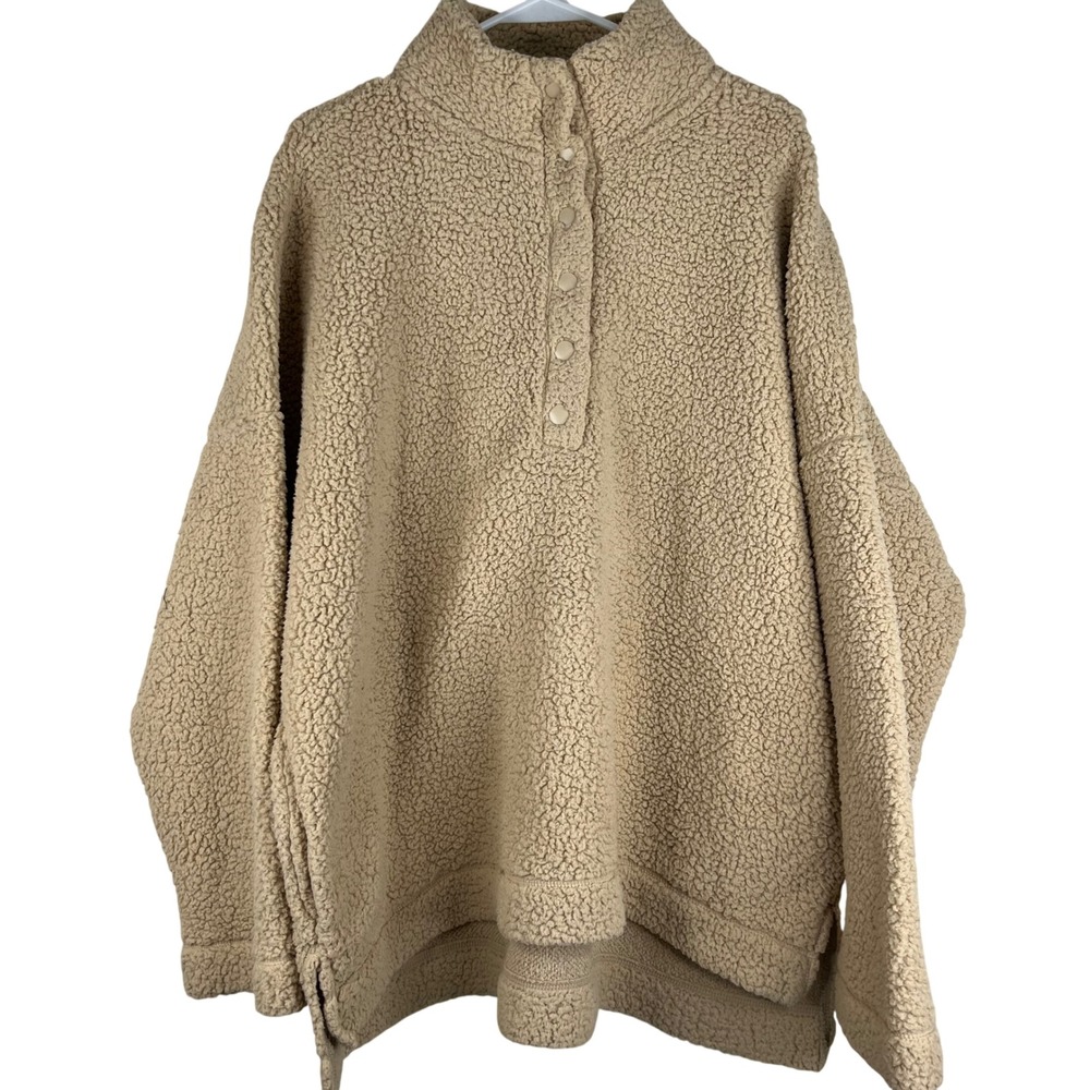 Aerie Sherpa Fleece Pullover Womens XL Tan Teddy Mock Neck Snap Sweatshirt 1658